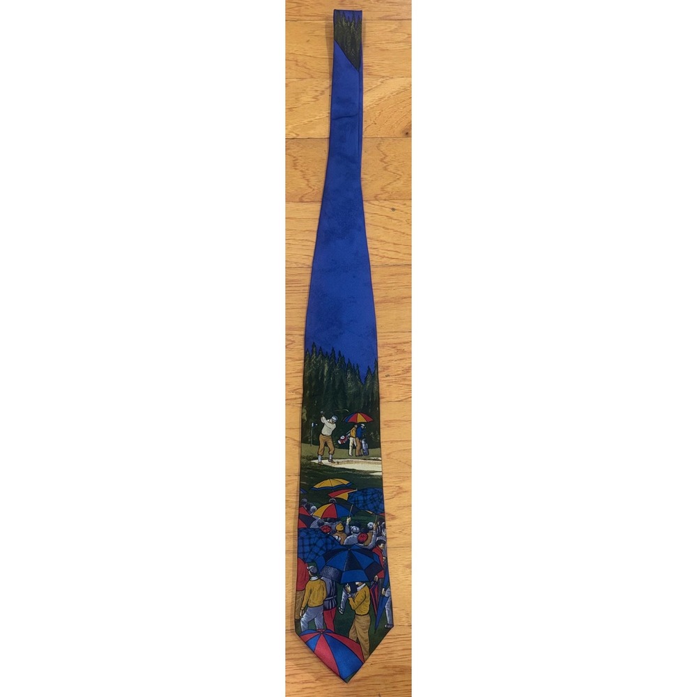 Vintage Hathaway Golf Silk Tie Novelty Rainy Tournament Scene Wide 3.75" USA